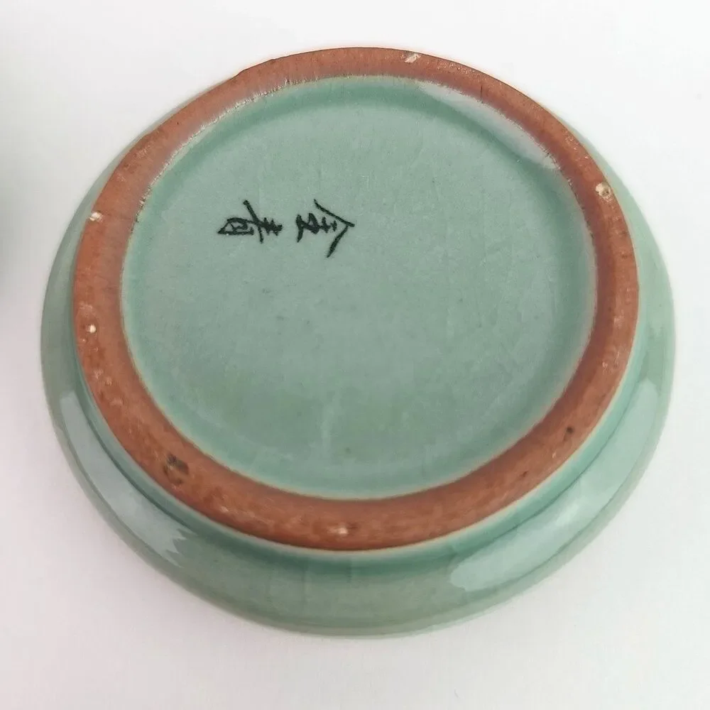 Vintage Korean Celadon Green Ceramic Floral Ring Lidded Round Trinket Box 3 inch